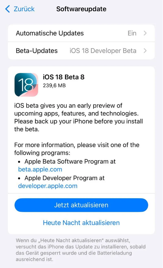 大厂苹果手机维修分享苹果 iOS / iPadOS 18 开发者预览版 Beta 8 发布 